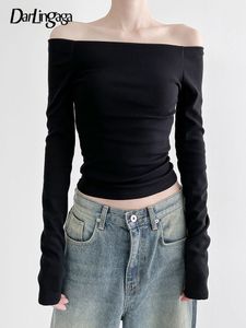 女性用TシャツダーリンガカジュアルオフショルダートップブラックスキニーベーシックTシャツソリッドスリム韓国ファッションゴシックティティースラッシュネック衣装230510