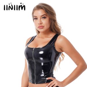 Damen Tanks Camis Damenmode Reißverschluss Lackleder Tank Top Wet Look Rave Festival Outfit U-Ausschnitt ärmellose Weste für Club Pole Dance 230510