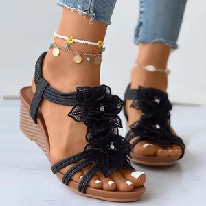 Sandals Tops Elastic Ankle Strap Women's Summer 2023 Bohemian Beach Shoes Floral Pattern Beaded Boho Wedges Female