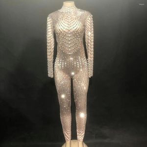 Stage Wear Pearl Rhinestones Striped Backless Jumpsuit Women Long Sleeve Shiny Costume Party Evening Dance Nightclub Outfit