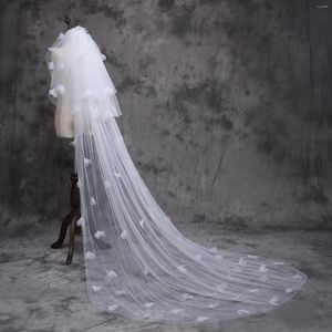 Bridal Veils NZUK Pearl Veil Hand-stitched Long Cathedral Wedding With 3D Flowers 3layers Velo De Novia Dos Capas Largo Face