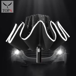 Umbrellas Windproof Reverse Automatic Umbrella Rain Women Men Car Large Business 3Folding 10 Ribs Reflective Stripe Paraguas 230510