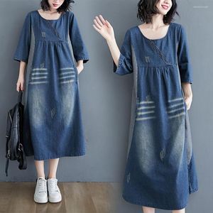 Party Dresses Autumn Summer Women Retro Plus Size O-Neck Button Hole Patchwork Jeans Half Sleeve For Females Denim Slim One-Piece