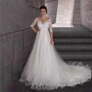 Hochzeitskleid, hohe Taille, Tüll, halbe Ärmel, O-Ausschnitt, Umstandsbrautkleid, elegant, bodenlang und mit Schleppe für schwangere Frauen