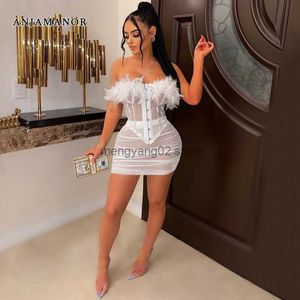 Two Piece Dress Feather Mesh Corset Top och kjol Sexig 2-stycken Set Party Night Club Outfits For Women See Through Mini Dress D42-DG20 T230510