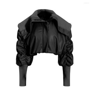 Женская кожаная зимняя куртка для женщин для женщин отворотный рукав из рукава черный цвет сплошной сплошной шорт -шорт -костюм