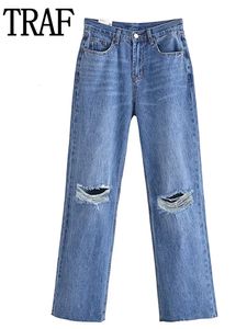 Jeans da donna TRAF Jeans larghi blu Pantaloni jeans strappati da donna Pantaloni larghi a vita alta da donna Pantaloni da donna streetwear di moda femminile 230510