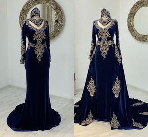 Венно -синий бархатный кафтан вечерние платья с длинным рукавом аппликация кафтана арабское платье с рамаданом с съемным поездом