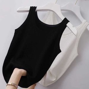 Women's Tanks Camis Summer Knit Vest Top Sexy Sleeveless O Neck Women Camisole Pure Color Black White Tshirt Solid Color Plus Size Slim Tank Top Z0510