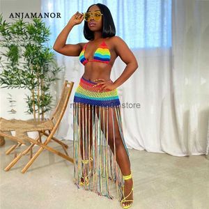 Two Piece Dress Rainbow Crochet Tassel Sexy 2 Piece Set Crop Top and Skirt Beach Party Club Birthday Outfits for Women D48-DF23 T230510