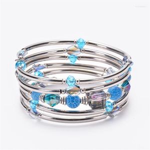 Bangle 5 PCS/LOT Natural Blue Crystal Wrap Flexibel armband Multi-Layer Turn Charm Bead Stretch For Woman Unique Design Jewelry