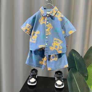 Clothing Sets Kid Boy Summer Clothes Bear Print Denim Shirt Shorts and Jeans 2Pcs Jacket Top Pants Suit Children Tracksuits Y23