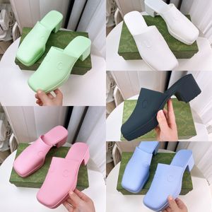 2023 Women slip on sandal Thick Bottom platform Slides Double G Jelly colors Square Closed Toe Mules Chunky Sole Block Mid 5.5cm Heels Summer Rubber Clog Pumps 35-41