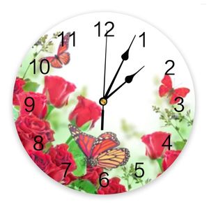 Wanduhren, Rose, Schmetterling, rote Blume, PVC, Digitaluhr, modernes Design, Wohnzimmer, Dekor, große Uhr, stumm, hängend