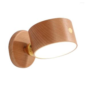 Lampada da parete a LED ricaricabile con applique da comodino con porta USB 360 Ruota in legno di faggio chiaro senza fili