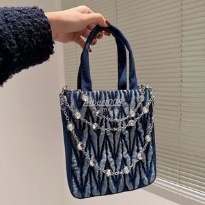Miuumiuu handväska veckade axelväskor musik pack handväska kvinnor blå denim konstverk diamanter två-ton väska med kedjor plånbok 20 cm