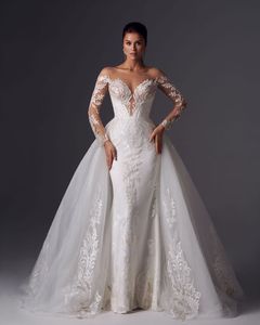 Elegantes Spitze-Meerjungfrau-Hochzeitskleid 2023 mit abnehmbarer Schleppe, lange Ärmel, transparenter Ausschnitt, Brautkleid Robe de Mariee