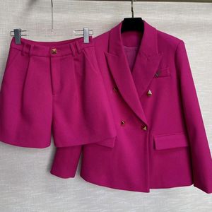 Women's Tracksuits 22Cosmicchic Wool Blazer 2piece Set Fashion Rose Red Lapel Double Breasted Rivet Loose Coat Sexy High Waist Folds Zipper