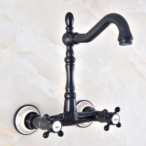 Kitchen Faucets Double Handle Dual Hole Wall Mounted Basin Faucet Black Oil Rubbed Brass 360 Swivel Spout Bathroom Sink Mixer Tap Dnf456