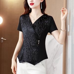 Women's Blouses 2023 Summer Elegant Black V-neck Slim Knitted Tshirt For Women Short Sleeve Jacquard Female Tunic Irregular Top