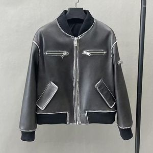 Women's Leather Real Bomber Jacket Lady Fashion Streetwear Distress Moto Biker Women Genuine Coat QG5536