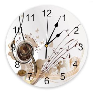 Wall Clocks Music Notes Brown Sheet PVC Digital Clock Modern Design Living Room Decor Large Watch Mute Hanging