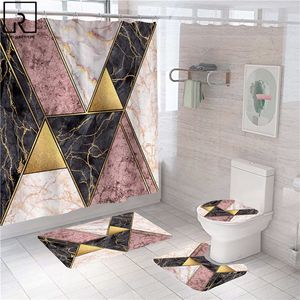 シャワーカーテン幾何学大理石のプリントバスマットセットソフトカーペットアンチリップラグトイレの蓋カバーモダンな家の装飾230510