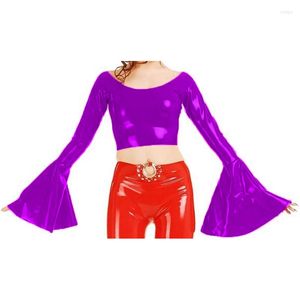 Women's Jackets Punk Style Glossy PVC Leather O-Neck Tops Latex Look Long Flared Sleeve Shirt Novelty Short Crop Top Women Hip Hop 7XL