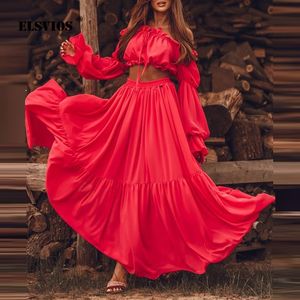 Dwuczęściowa sukienka seksowna maxi spódniczka wiosna jesienna długotrwałe raski top luźne plisowane strój plażowy kobiety swobodne ubranie wakacyjne 230509