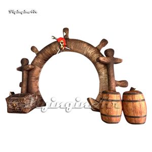 Fantastiskt Sea Theme Party Uppblåsbar Arch Skull Pirate Ship Rudder Replica Door With Cashs and Treasure Chest for Club Entrance Decoration