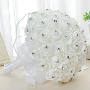 Dekoratif çiçekler beyaz sahte ipek elmas şerit bukon buket düğün gelin tutma gül sahte dekorasyon için