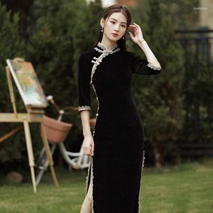 Ubranie etniczne chiński styl czarny sztruko -cheongsam sukienka dla kobiet elegancka elegancka żakardowa koronkowa sukienki qipao żeńska wiosenna wiosna dd740