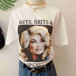 Damen-T-Shirt HAHAYULE-JBH Guts Grits And Lipstick Dolly Parton T-Shirt Damen Retro-Stil Nostalgisches bedrucktes T-Shirt Country-Musik-T-Shirt T230510