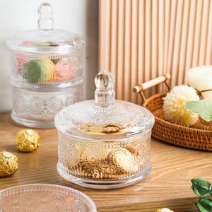 Storage Bottles Vintage Embossed Glass Box Home Candy Jar Food And Snack Tank Jewelry With Lid Three-layer