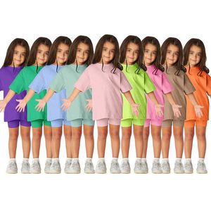 Completi di abbigliamento Personalizzati Estate Essenziale Bambini Neonate Vestiti 2 pezzi Tuta Set T-shirt in cotone manica corta + Pantaloncini leggings Completi Y23