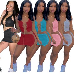 Bodycon Mini Skirts 세트 디자이너 금속 체인 레이스 업 작물 탱크 상단 스플릿 스커트 일치하는 의상 여름 Y2K 의류 대량 도매 무료 배송 9842