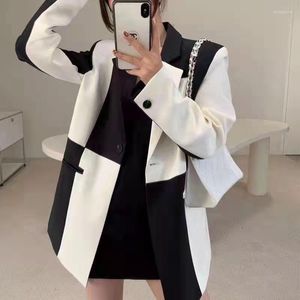 Kvinnors kostymer Cardigan Jacket Autumn and Winter Black White Contrasing Color Patchwork Suit Silhouette Casual Loose For Women