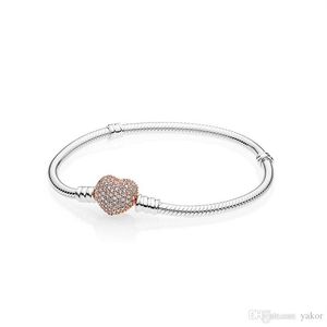 NUEVO 18K Rose gold Full CZ Diamond Heart Charms Pulseras Logo Caja original para Pandora 925 Silver Snake Chain Bracelet set para Wom244W
