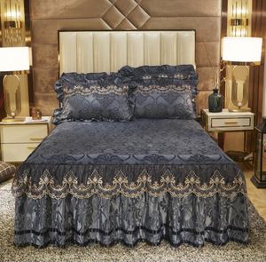 Gonna da letto Biancheria da letto in stile europeo Gonna da letto Federe Set Velluto grigio Spessa Copriletto in pizzo caldo Lenzuola Coprimaterasso King Queen Size 230510