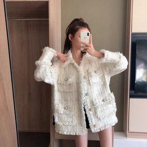 Kvinnors jackor koreanska chic vintage tweed vävda jacka kvinnor mode kappa hösten singel breasted plaid tassel office lady work outwear tops