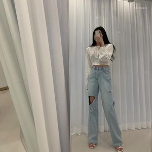 Women's Pants Korean INS Celebrity Retro High Waist Washed Personality Asymmetrical Ripped Straight Leg Jeans Wide Trousers Female