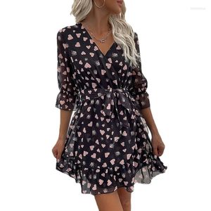 Party Dresses Elegant Polka Dot V-hals Lantern ärmar Wrap Women Dress Office Lace Up Mini Split Vestidos Prom Gown