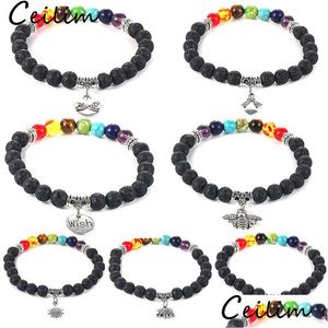 Beaded Fashion 6Mm 7 Chakras Lava Stone Beads Bracelet Bee Heart Love Amistad Elephant Angel Charms Yaga Bead para hombres Wom Dhgarden Dhge6