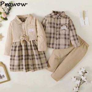 Kleidung Sets Prowow Kleinkind Bruder Schwester passende Outfits Bowknot Revers Mantel+ärmelloses karierte Kleidung Kinder Zwillinge Kleidung für Jungen Mädchen Y23