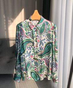 Frühling Sommer Langarm Revers Hals Paisley Print 100% Seide Tasten Einreiher Bluse Frauen Mode Hemd S3W10QXLD