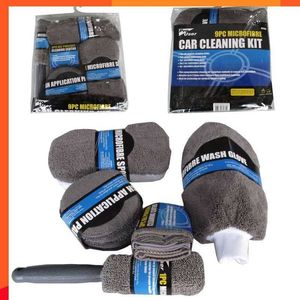 New 9pcs Care Cleaning Tool Auto Wash Mitt Microfiber Towel Wash Gloves Wheel Brush Pad Wash Sponge Mitt Auto Car Wash