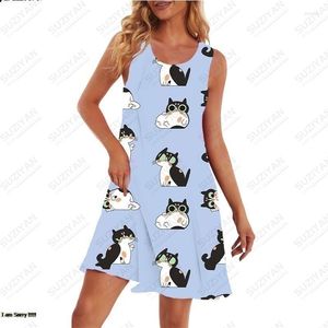 Abiti casual Abito estivo da donna Spiaggia Simpatico cartone animato Gattino Design O Collo Minigonna Camicia Manica corta Sciolto