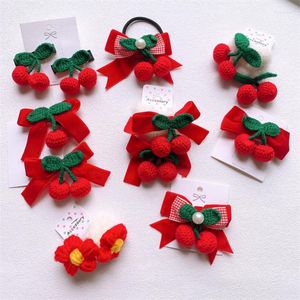 Hair Accessories 2023 Autumn Fashion Children's Cute Wool Knitted Cherry Hairpins Sweet Girl Princess Red Velvet Bow Rope Headwear