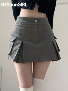 Skirts Heyungirl Kawaii Rok Mini Kargo Solid Wanita Tenis Jeans Kasual Pinggang Tinggi Gaya Preppy Pendek Y2K Jalan Korea 230510