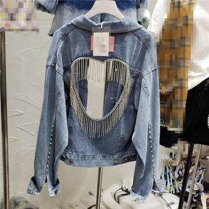 Jackets Jeans Jeans femininos pesados ​​indústria feminina Cadeia de stromesto Lovely Back Back Hollow Denim Cropped Coat Ladies